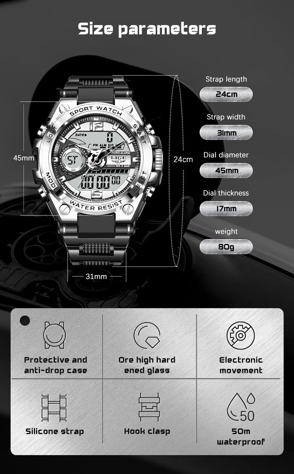 LIGE Casual Sports Electronic Quartz Man Watch Dual Digital Display Creative Watches for Men Waterproof HD Luminous Alarm Clocks