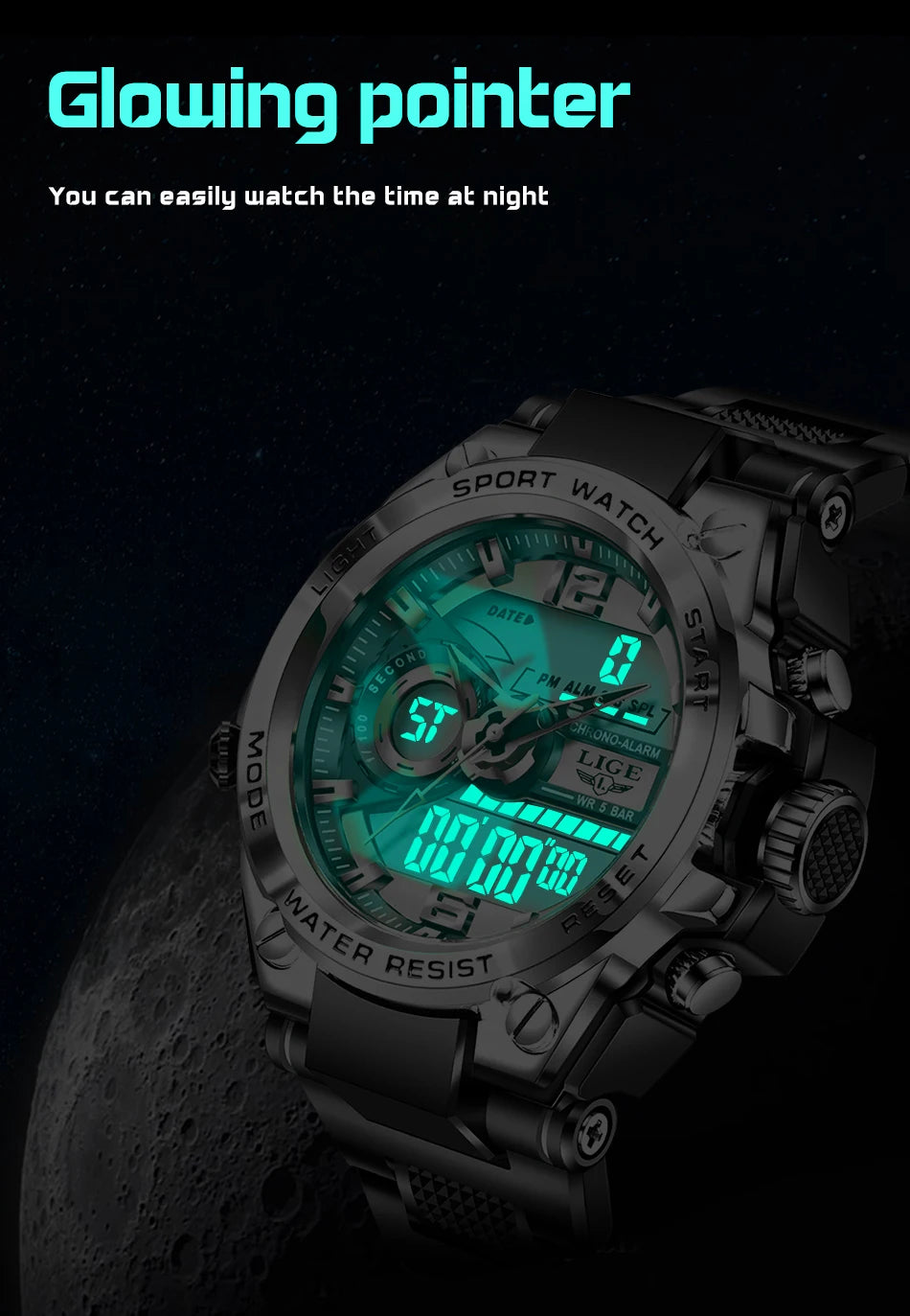 LIGE Casual Sports Electronic Quartz Man Watch Dual Digital Display Creative Watches for Men Waterproof HD Luminous Alarm Clocks