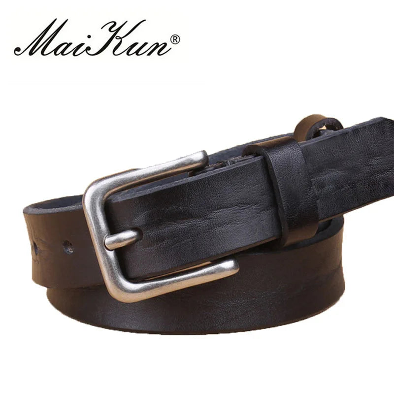 MaiKun Thin Belts for Women Unisex Genuine Leather Belt Female Metal Pin Buckle Belt