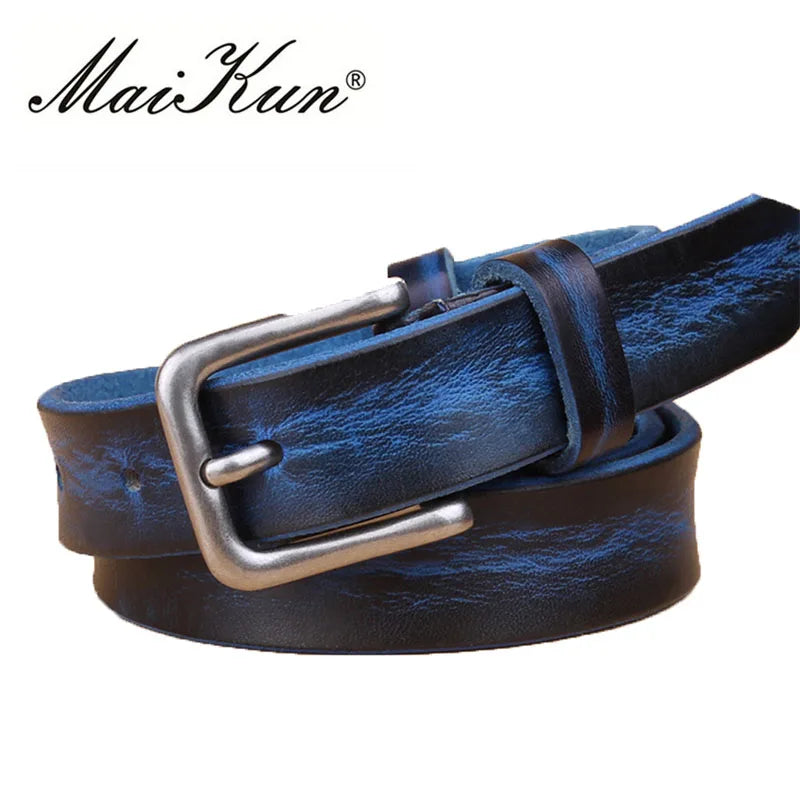 MaiKun Thin Belts for Women Unisex Genuine Leather Belt Female Metal Pin Buckle Belt