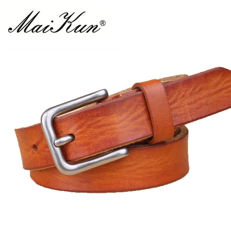 MaiKun Thin Belts for Women Unisex Genuine Leather Belt Female Metal Pin Buckle Belt