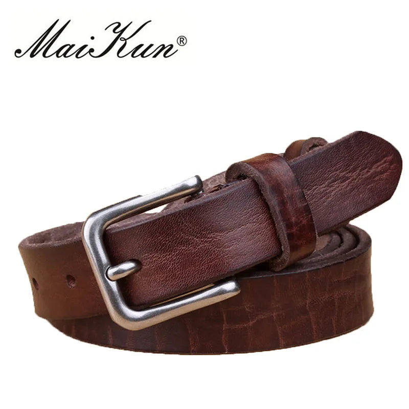 MaiKun Thin Belts for Women Unisex Genuine Leather Belt Female Metal Pin Buckle Belt