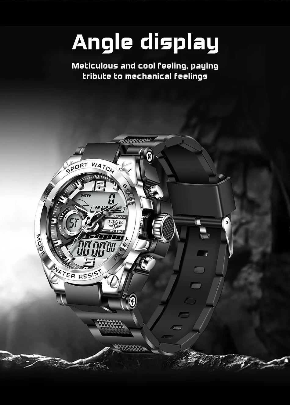 LIGE Casual Sports Electronic Quartz Man Watch Dual Digital Display Creative Watches for Men Waterproof HD Luminous Alarm Clocks