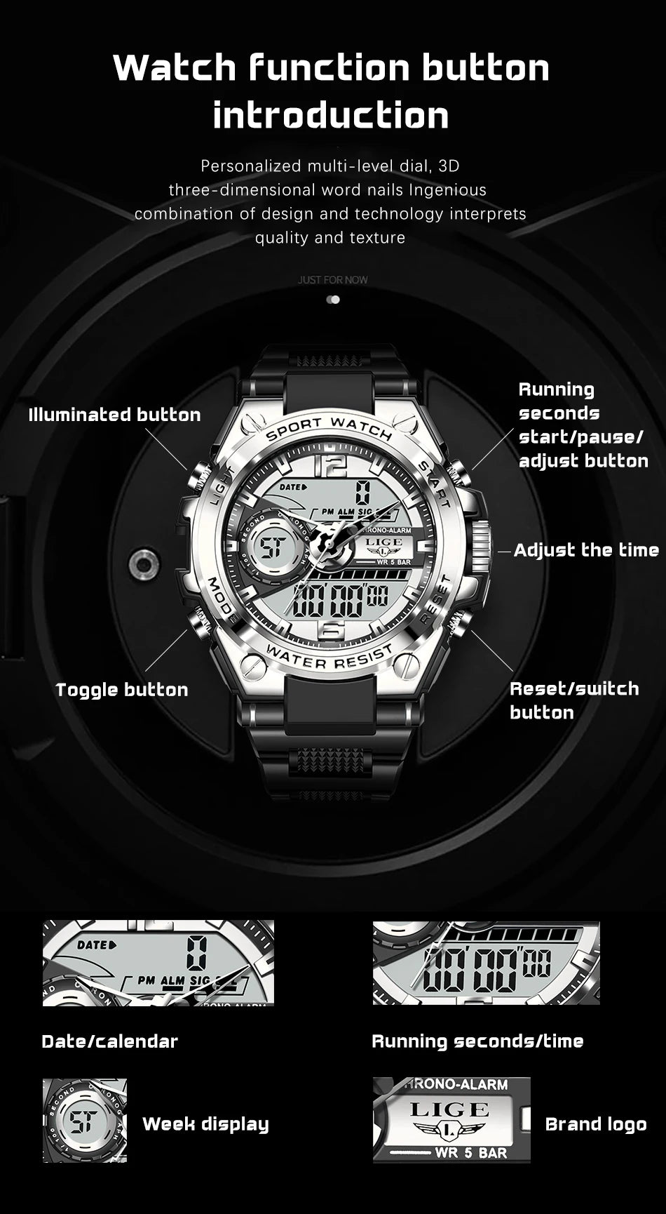 LIGE Casual Sports Electronic Quartz Man Watch Dual Digital Display Creative Watches for Men Waterproof HD Luminous Alarm Clocks