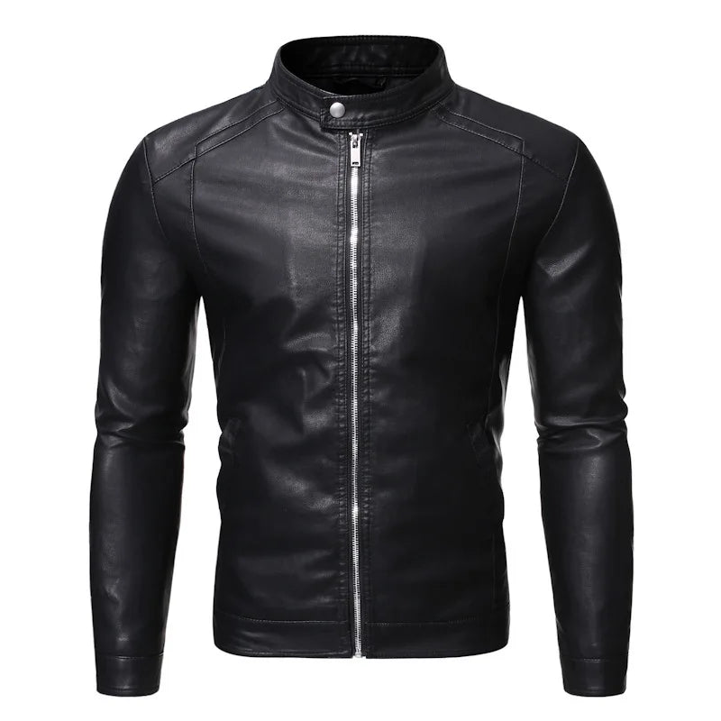 Men's standing collar leather jacket autumn oversized slim motorcycle cycling suit winter thickened PU leather work clothes