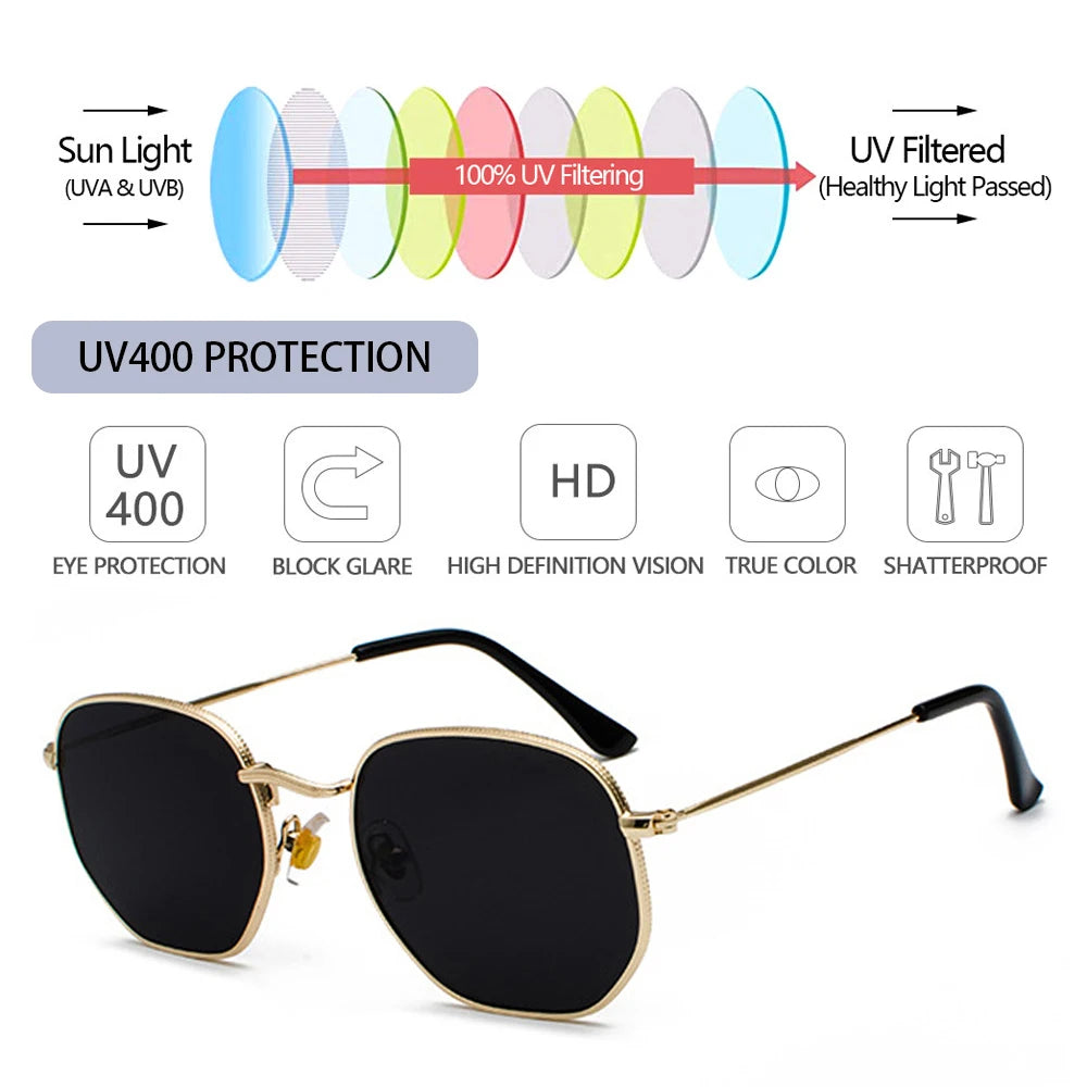 Men Women Unisex Glasses Metal Frame Driving Sun Glasses Summer UV400 Sunglasses Polygon Mirrored Lens Small Square Sunglasses