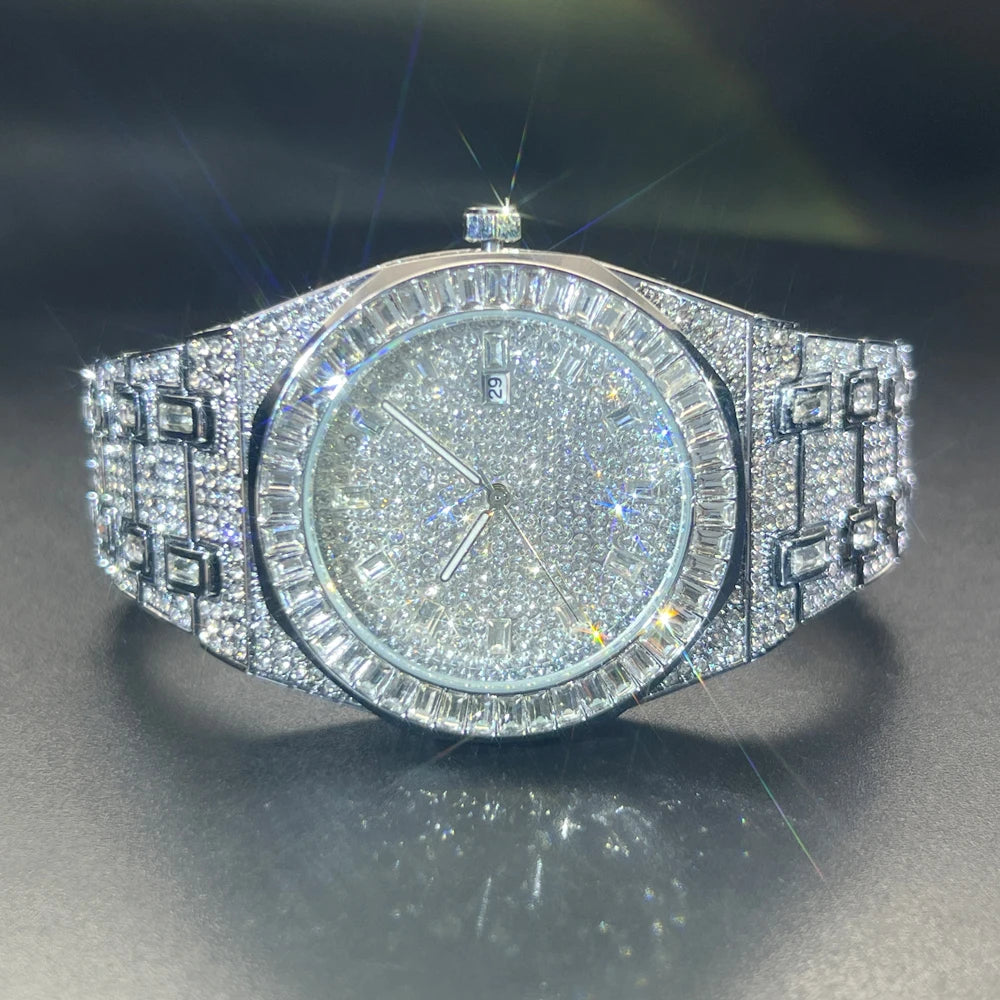 New Green Diamond Watch For Men Luxury Hip Hop Diamond Watches Unique Bling Ice Out Luminous Waterproof 2024 Wristwatch For Gift