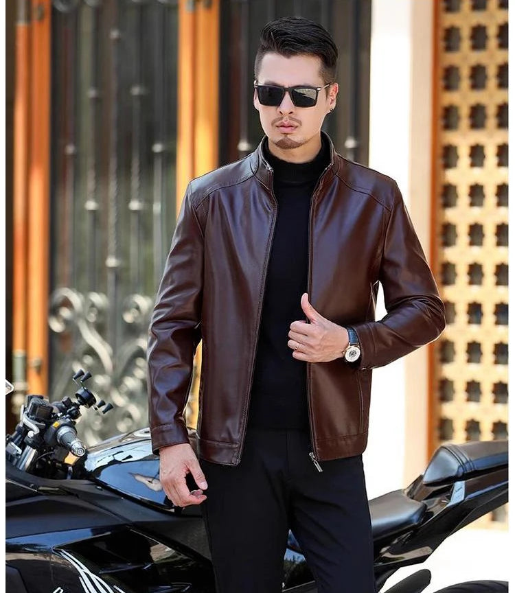 Men's Leather Jacket Stand Collar Jacket Men's Casual PU Leather Jacket Casual Men's Pu Leather Jacket Middleaged Men's Jacket