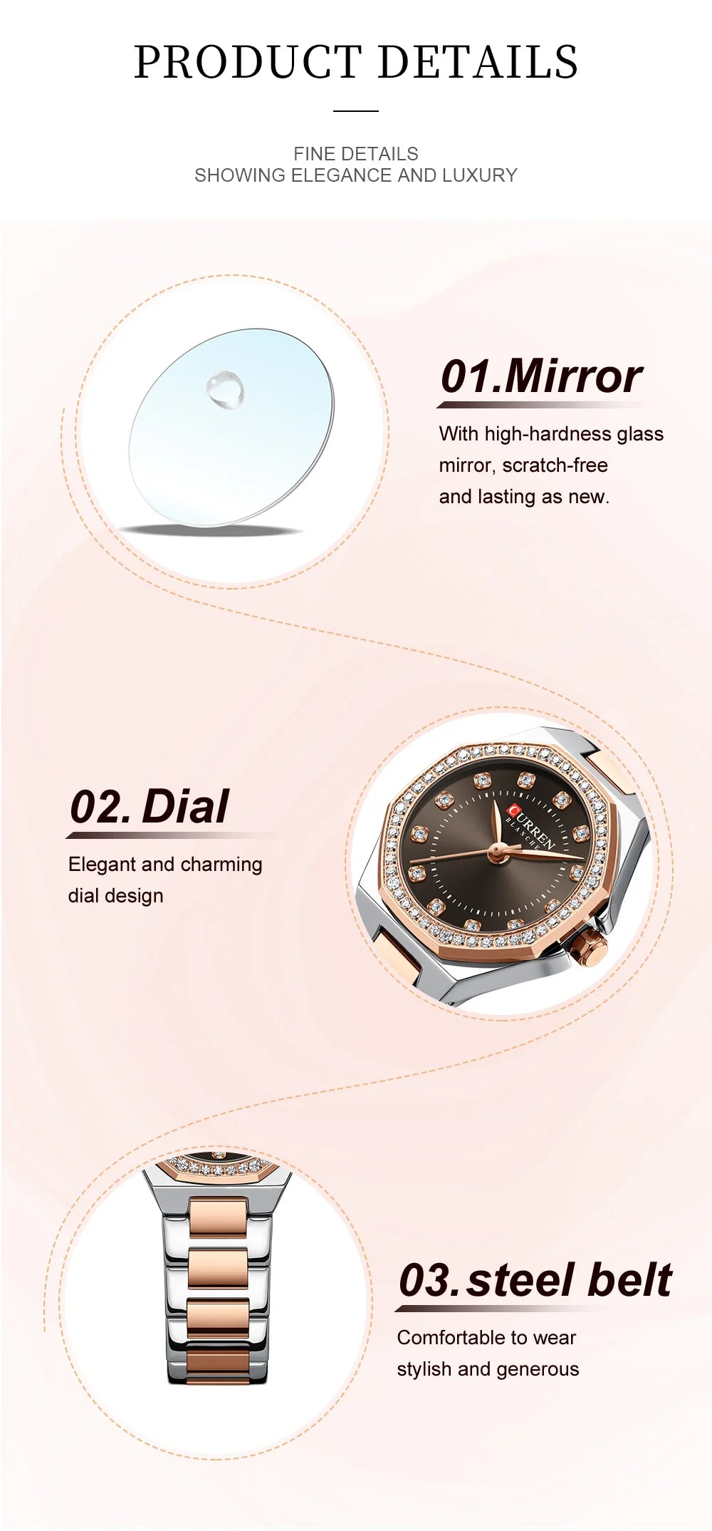 CURREN Women's Watches Elegant Fashion Original Quartz Watch for Laides Waterproof Stainless Steel