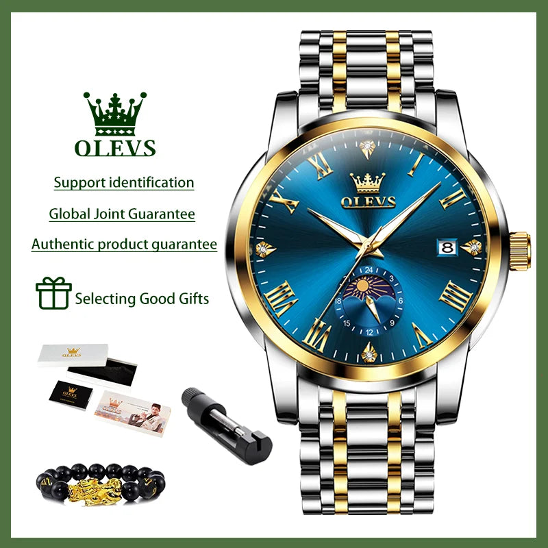 OLEVS Men's Wacthes Trend Fashion Original Quartz Wristwatch 3656 Waterproof Luminous Date Moon Phase Watch for Man Gold Blue