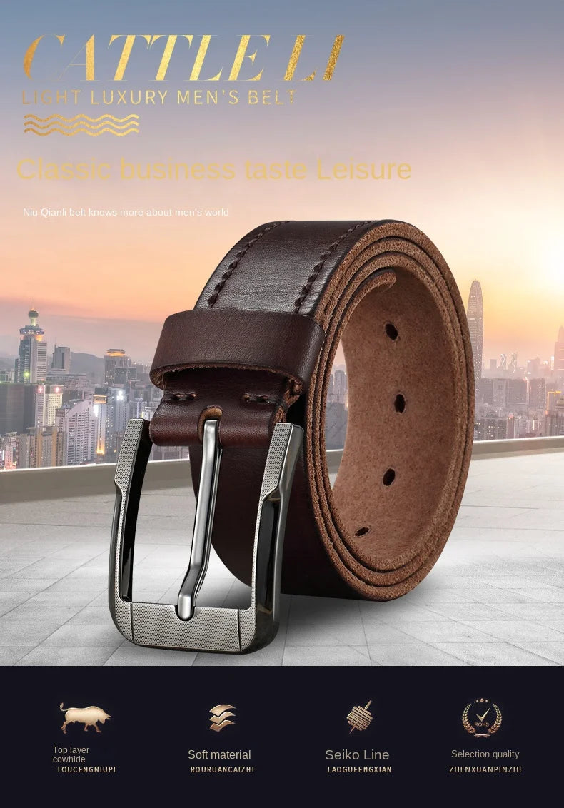 Belt men's genuine leather  pin buckle men's leather belt business middle-aged first layer real cowhide youth handmade belt