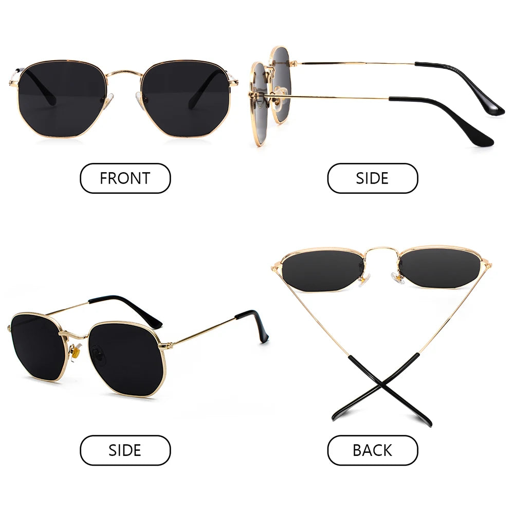 Men Women Unisex Glasses Metal Frame Driving Sun Glasses Summer UV400 Sunglasses Polygon Mirrored Lens Small Square Sunglasses