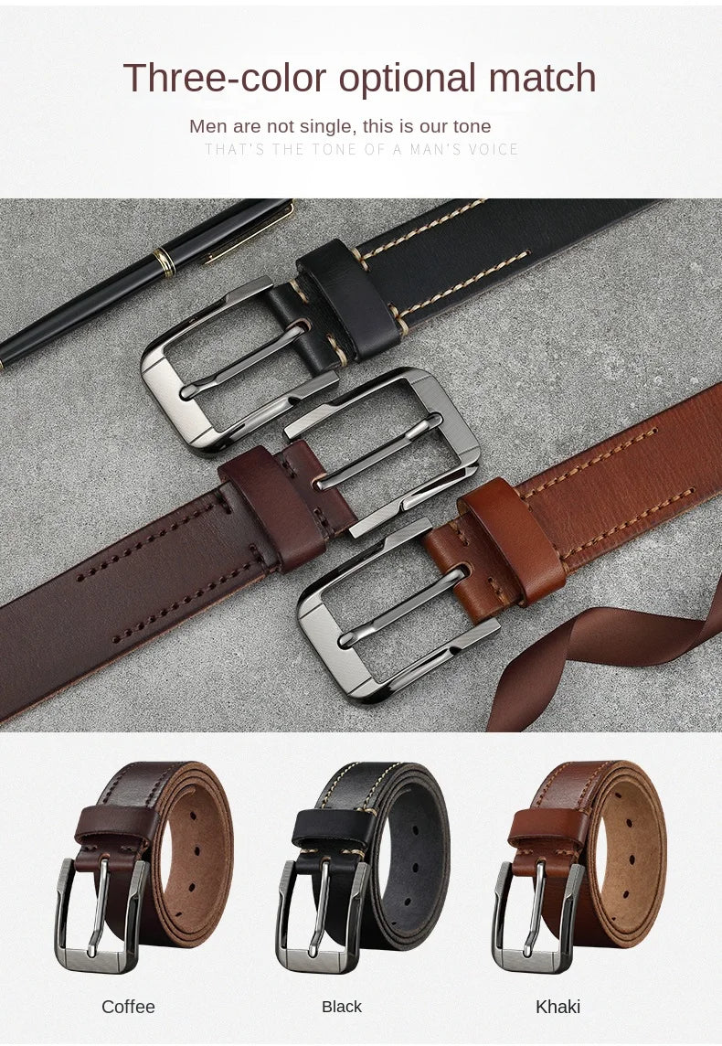 Belt men's genuine leather  pin buckle men's leather belt business middle-aged first layer real cowhide youth handmade belt