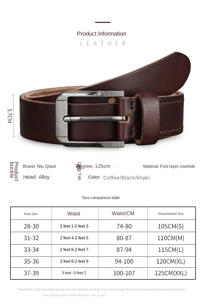 Belt men's genuine leather  pin buckle men's leather belt business middle-aged first layer real cowhide youth handmade belt