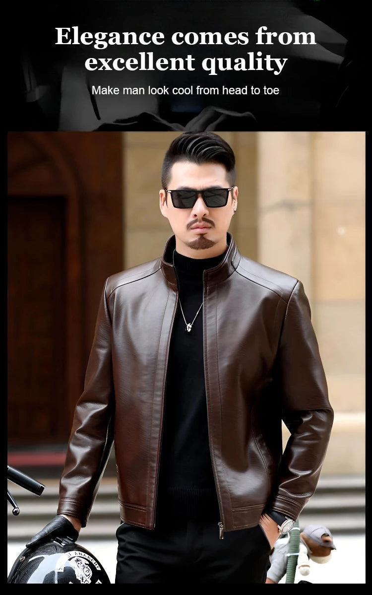 Men's Leather Jacket Stand Collar Jacket Men's Casual PU Leather Jacket Casual Men's Pu Leather Jacket Middleaged Men's Jacket