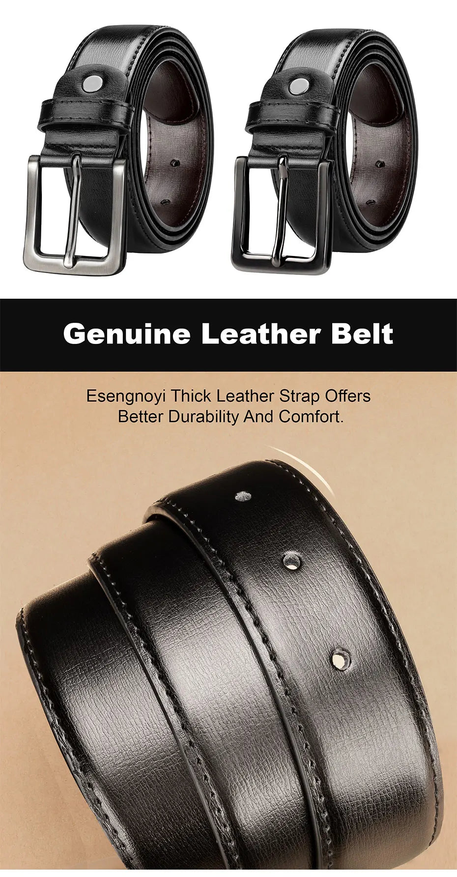 Maikun Men's Black Leather Belt Black For Trousers Classic Black Alloy Pin Buckle Business Second Layer Leather Belt