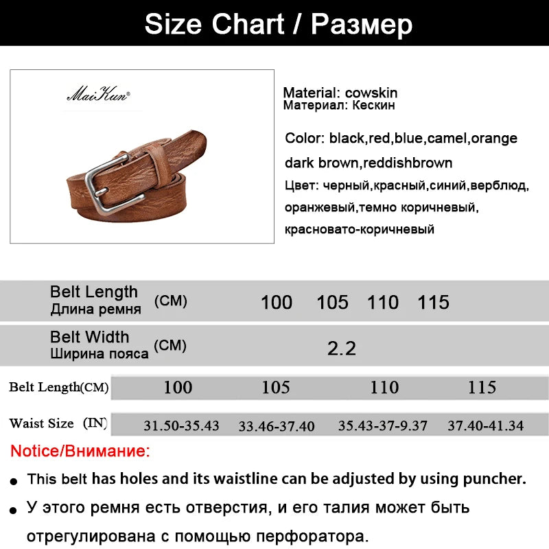 MaiKun Thin Belts for Women Unisex Genuine Leather Belt Female Metal Pin Buckle Belt