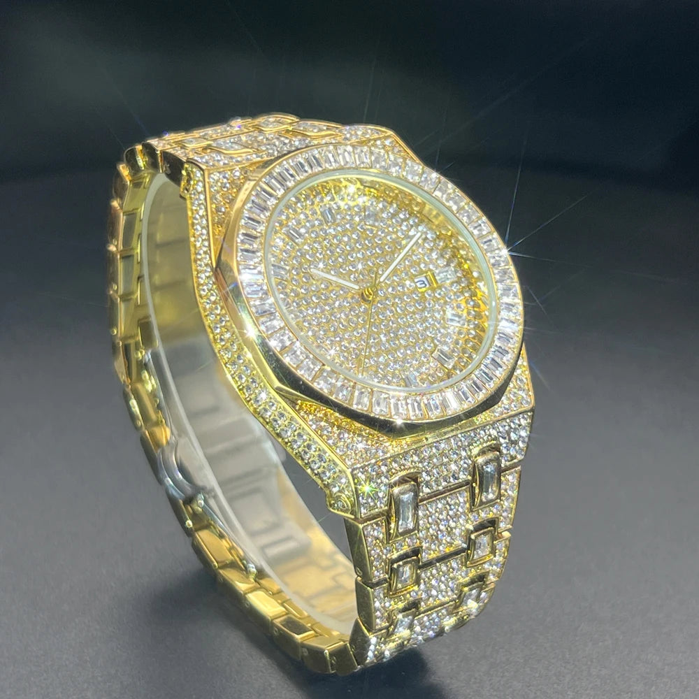 New Green Diamond Watch For Men Luxury Hip Hop Diamond Watches Unique Bling Ice Out Luminous Waterproof 2024 Wristwatch For Gift