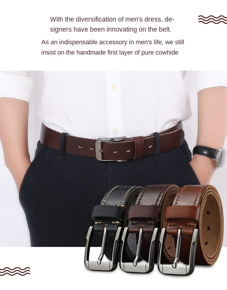 Belt men's genuine leather  pin buckle men's leather belt business middle-aged first layer real cowhide youth handmade belt