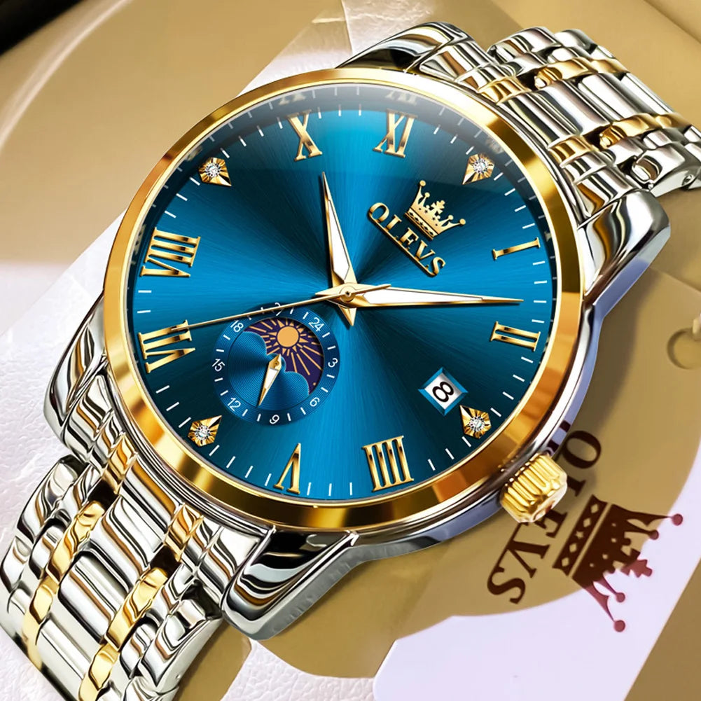 OLEVS Men's Wacthes Trend Fashion Original Quartz Wristwatch 3656 Waterproof Luminous Date Moon Phase Watch for Man Gold Blue