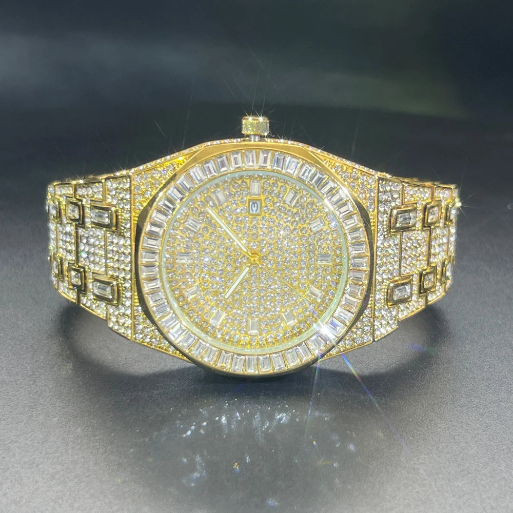 New Green Diamond Watch For Men Luxury Hip Hop Diamond Watches Unique Bling Ice Out Luminous Waterproof 2024 Wristwatch For Gift