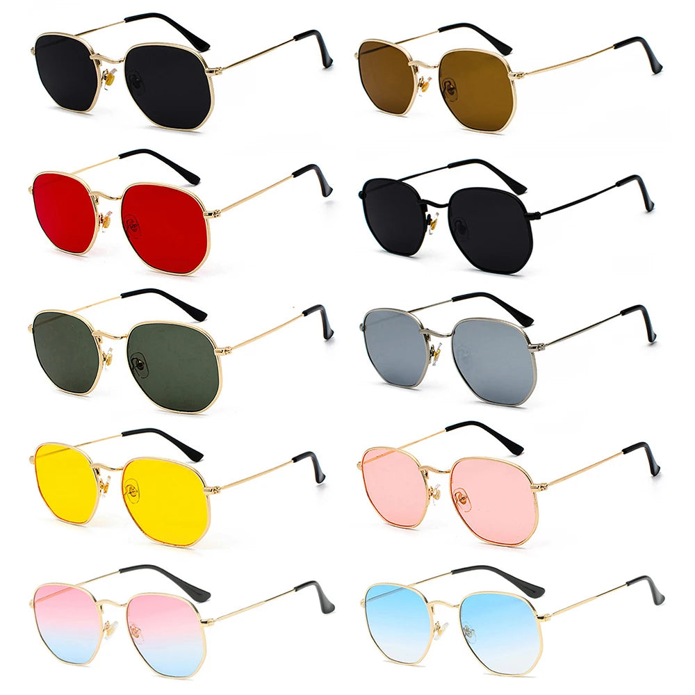 Men Women Unisex Glasses Metal Frame Driving Sun Glasses Summer UV400 Sunglasses Polygon Mirrored Lens Small Square Sunglasses