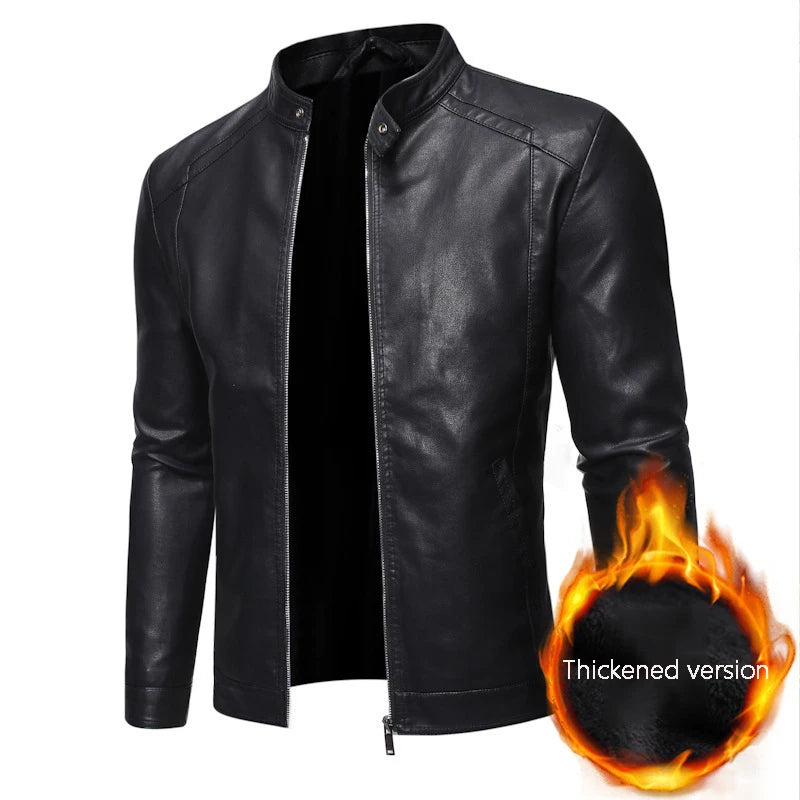 Men's standing collar leather jacket autumn oversized slim motorcycle cycling suit winter thickened PU leather work clothes