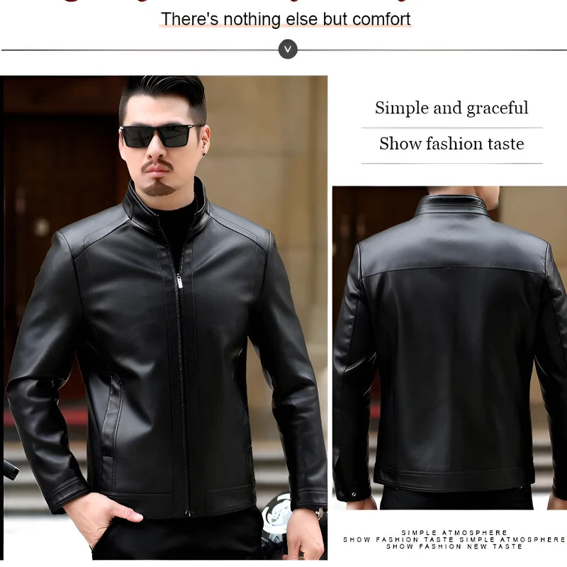 Men's Leather Jacket Stand Collar Jacket Men's Casual PU Leather Jacket Casual Men's Pu Leather Jacket Middleaged Men's Jacket