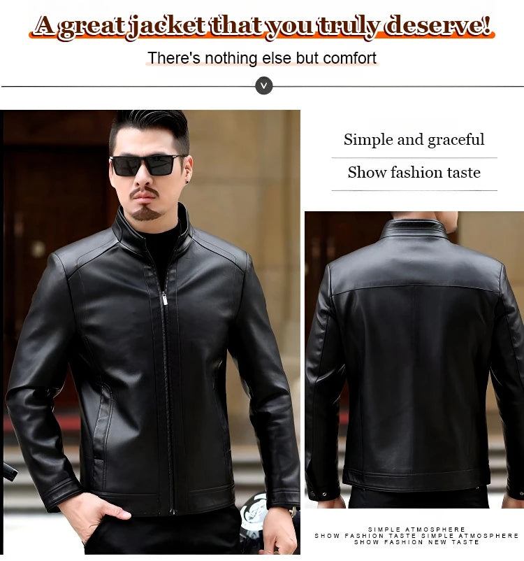 Men's Leather Jacket Stand Collar Jacket Men's Casual PU Leather Jacket Casual Men's Pu Leather Jacket Middleaged Men's Jacket