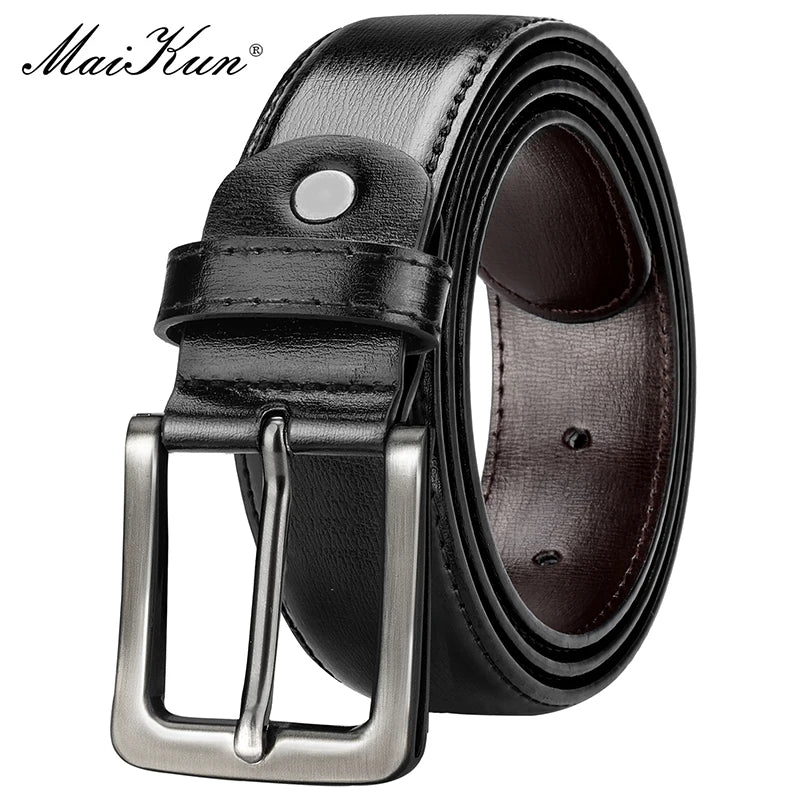 Maikun Men's Black Leather Belt Black For Trousers Classic Black Alloy Pin Buckle Business Second Layer Leather Belt