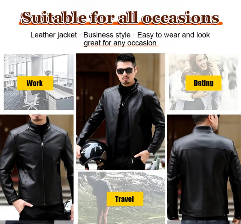 Men's Leather Jacket Stand Collar Jacket Men's Casual PU Leather Jacket Casual Men's Pu Leather Jacket Middleaged Men's Jacket