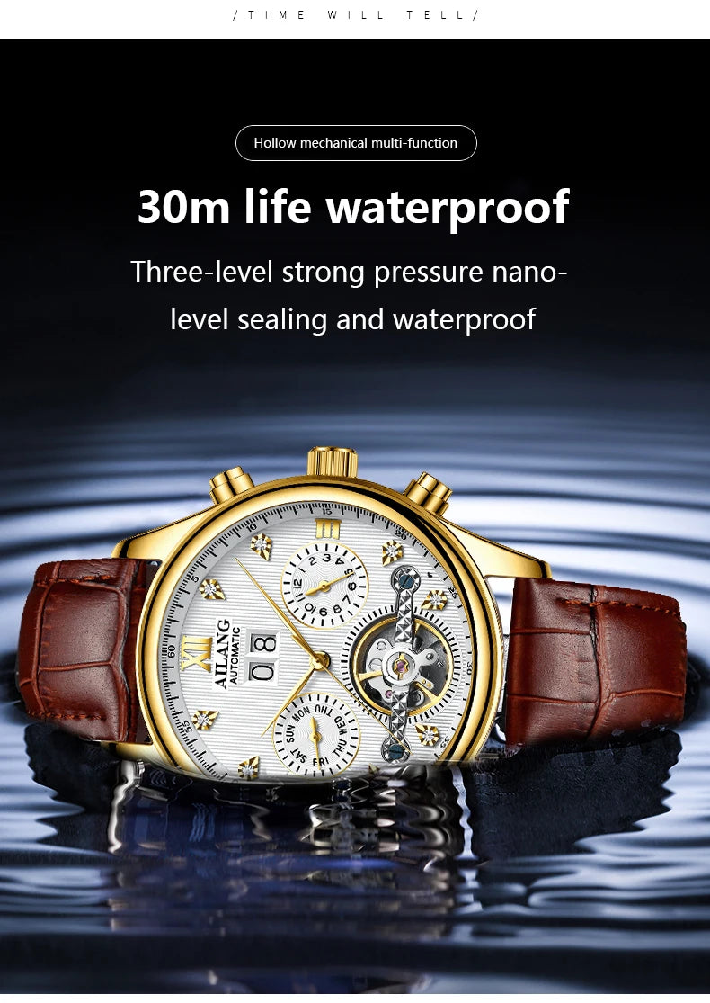 AILANG Top Brand Men's Watches Stainless Steel Classic Skeleton Tourbillon Mechanical Watch for Man 30M Waterproof Wristwatch