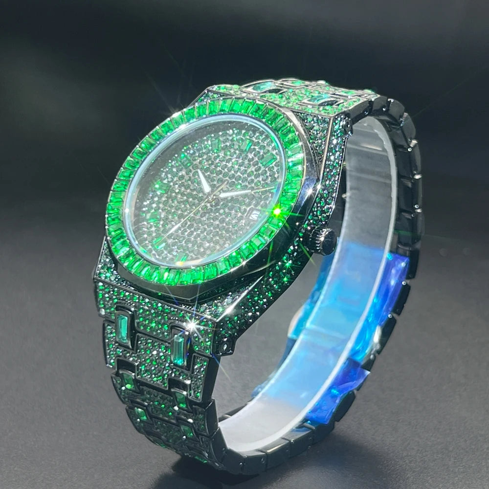 New Green Diamond Watch For Men Luxury Hip Hop Diamond Watches Unique Bling Ice Out Luminous Waterproof 2024 Wristwatch For Gift