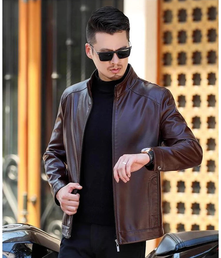 Men's Leather Jacket Stand Collar Jacket Men's Casual PU Leather Jacket Casual Men's Pu Leather Jacket Middleaged Men's Jacket