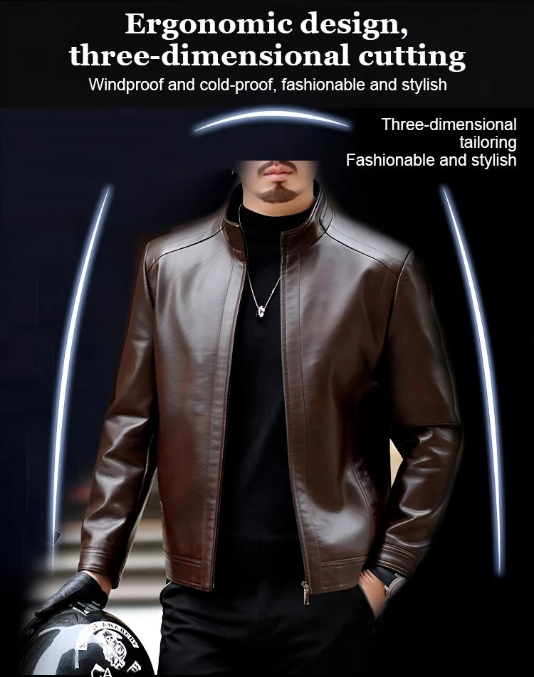 Men's Leather Jacket Stand Collar Jacket Men's Casual PU Leather Jacket Casual Men's Pu Leather Jacket Middleaged Men's Jacket