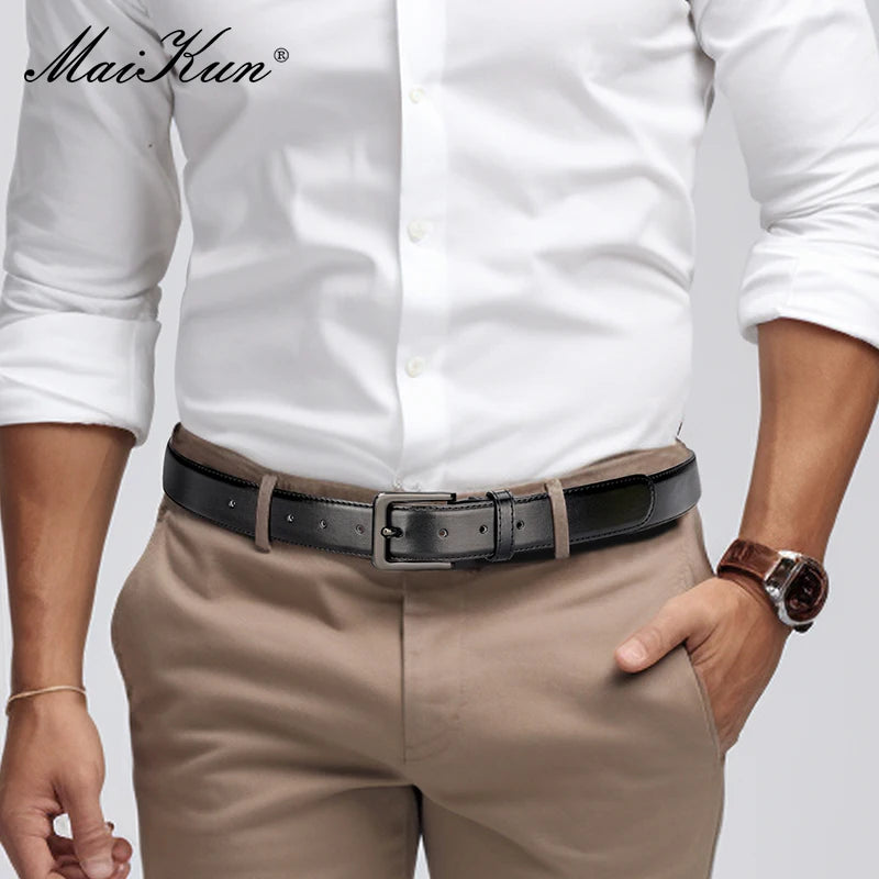 Maikun Men's Black Leather Belt Black For Trousers Classic Black Alloy Pin Buckle Business Second Layer Leather Belt