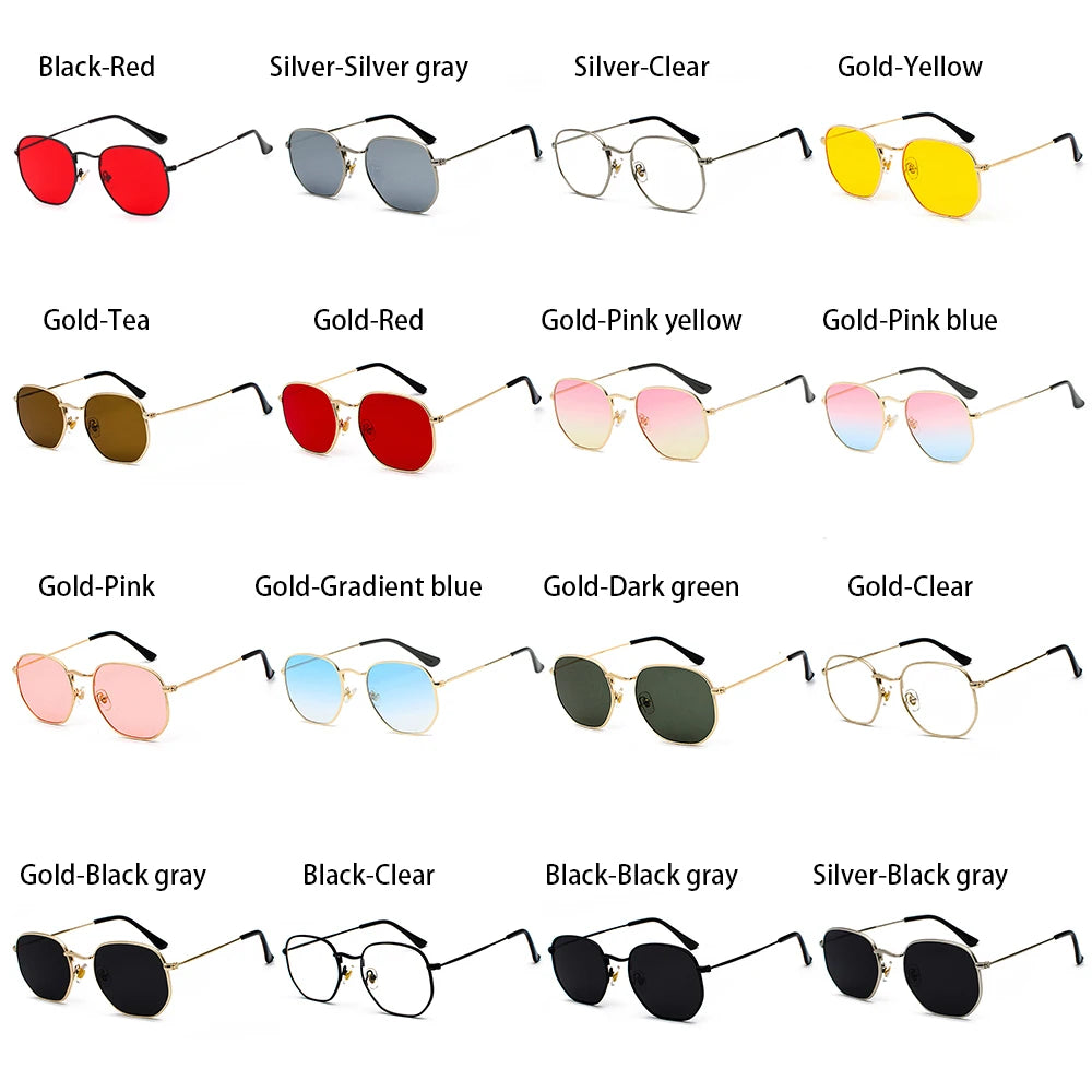 Men Women Unisex Glasses Metal Frame Driving Sun Glasses Summer UV400 Sunglasses Polygon Mirrored Lens Small Square Sunglasses