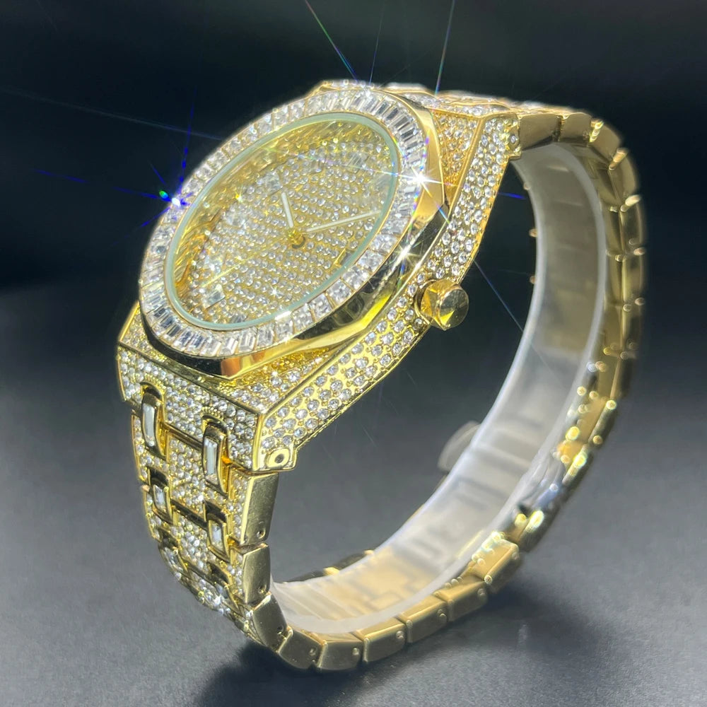 New Green Diamond Watch For Men Luxury Hip Hop Diamond Watches Unique Bling Ice Out Luminous Waterproof 2024 Wristwatch For Gift