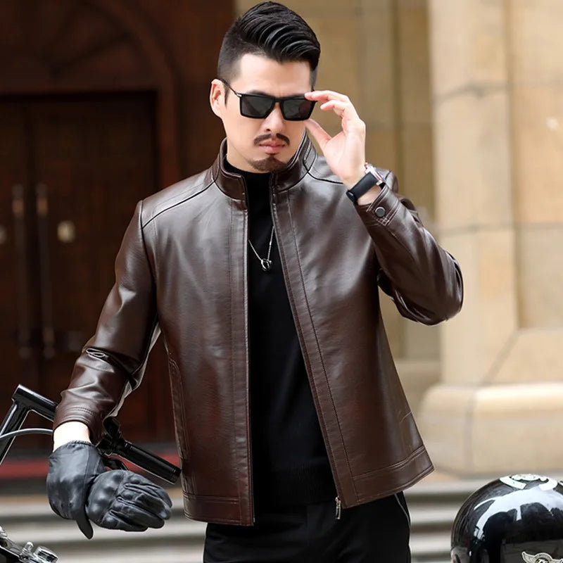 Men's Leather Jacket Stand Collar Jacket Men's Casual PU Leather Jacket Casual Men's Pu Leather Jacket Middleaged Men's Jacket