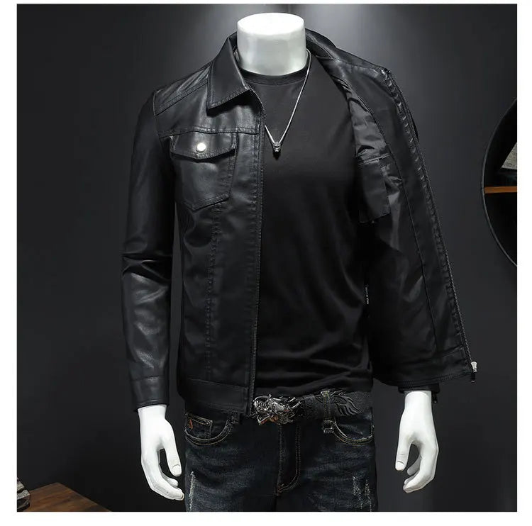 Men's lapel leather jacket autumn oversized slim motorcycle riding suit winter thickened PU leather waterproof work clothes