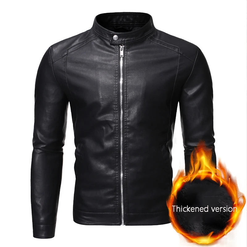 Men's standing collar leather jacket autumn oversized slim motorcycle cycling suit winter thickened PU leather work clothes