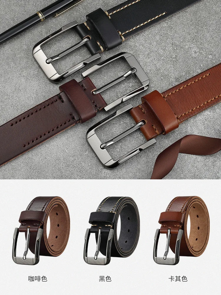 Belt men's genuine leather  pin buckle men's leather belt business middle-aged first layer real cowhide youth handmade belt