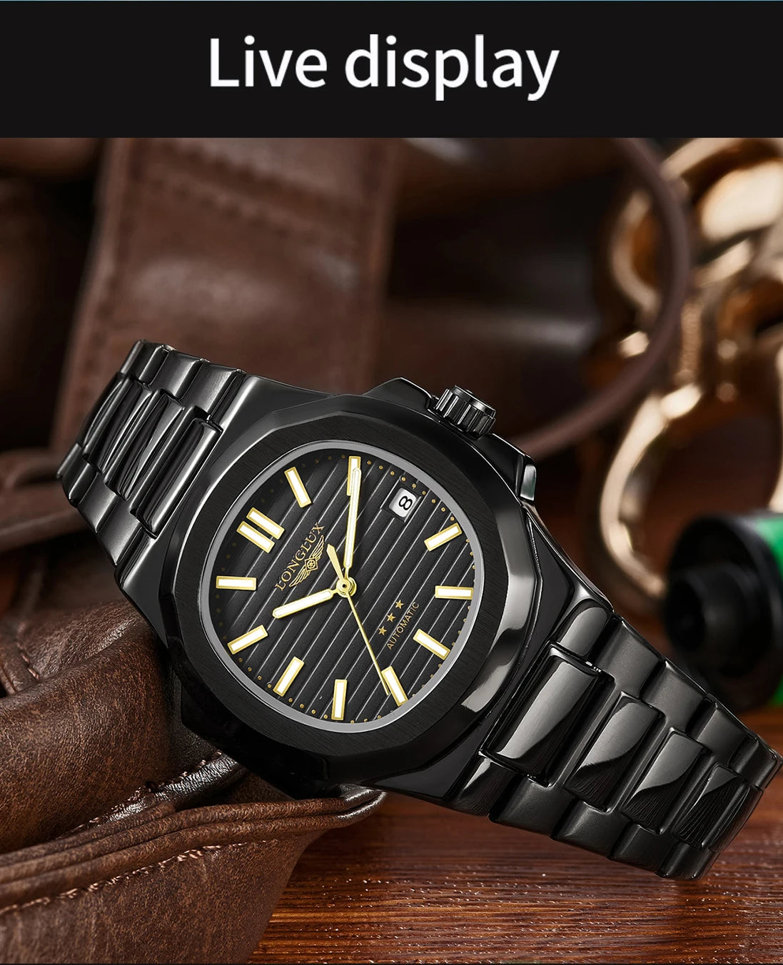 LONGLUX automatic watch business luxury mechanical wristwatches  wholesale steel date waterproof mens watch men gift