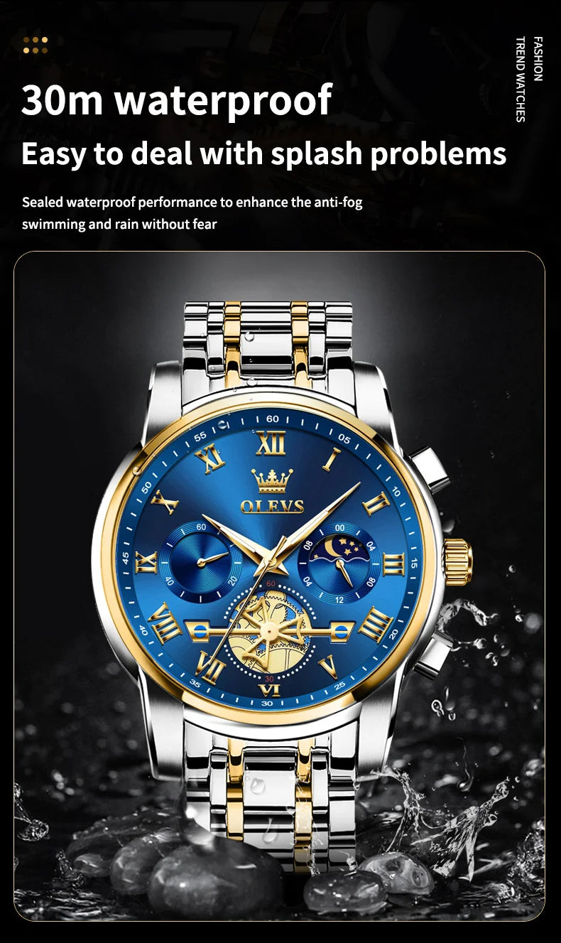 OLEVS Top Brand Mens Watches Classic Roman Scale Dial Luxury Wrist Watch for Man Original Quartz Waterproof Luminous Chronograph