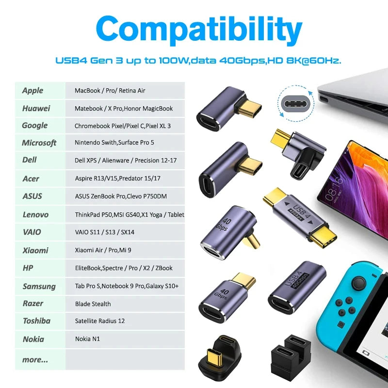 USB Type-C Adapter For Macbook, 90 Degree Quick Charge Converter Male To Female 100W 40gbps PD Data Transfer