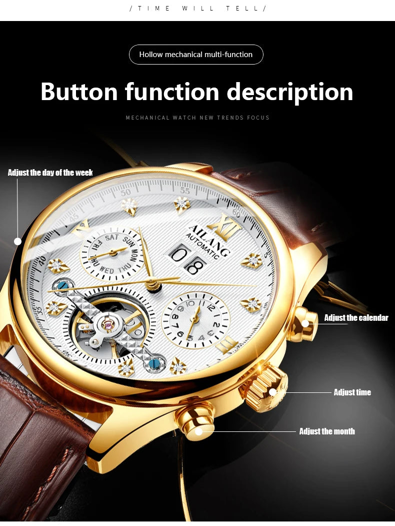 AILANG Top Brand Men's Watches Stainless Steel Classic Skeleton Tourbillon Mechanical Watch for Man 30M Waterproof Wristwatch