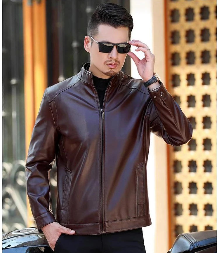 Men's Leather Jacket Stand Collar Jacket Men's Casual PU Leather Jacket Casual Men's Pu Leather Jacket Middleaged Men's Jacket