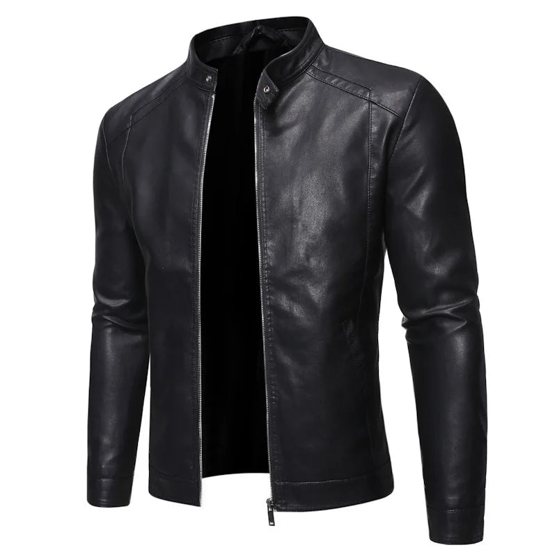 Men's standing collar leather jacket autumn oversized slim motorcycle cycling suit winter thickened PU leather work clothes