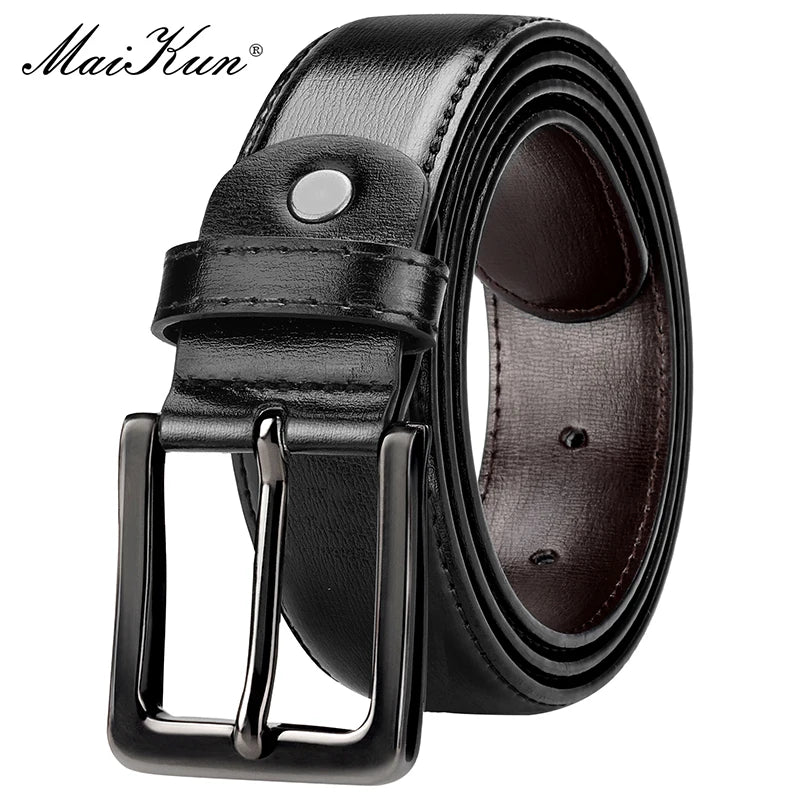 Maikun Men's Black Leather Belt Black For Trousers Classic Black Alloy Pin Buckle Business Second Layer Leather Belt