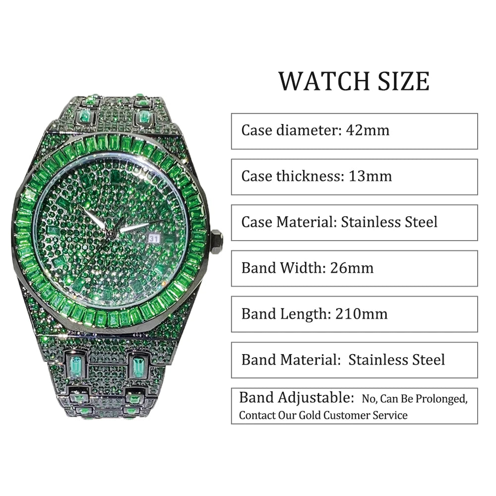 New Green Diamond Watch For Men Luxury Hip Hop Diamond Watches Unique Bling Ice Out Luminous Waterproof 2024 Wristwatch For Gift